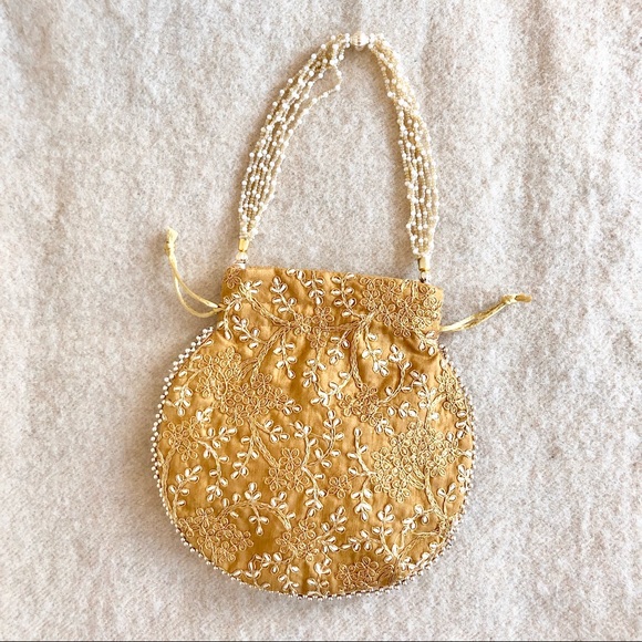 Vintage Victorian Renaissance faire pearl drawstring purse - Picture 3 of 6